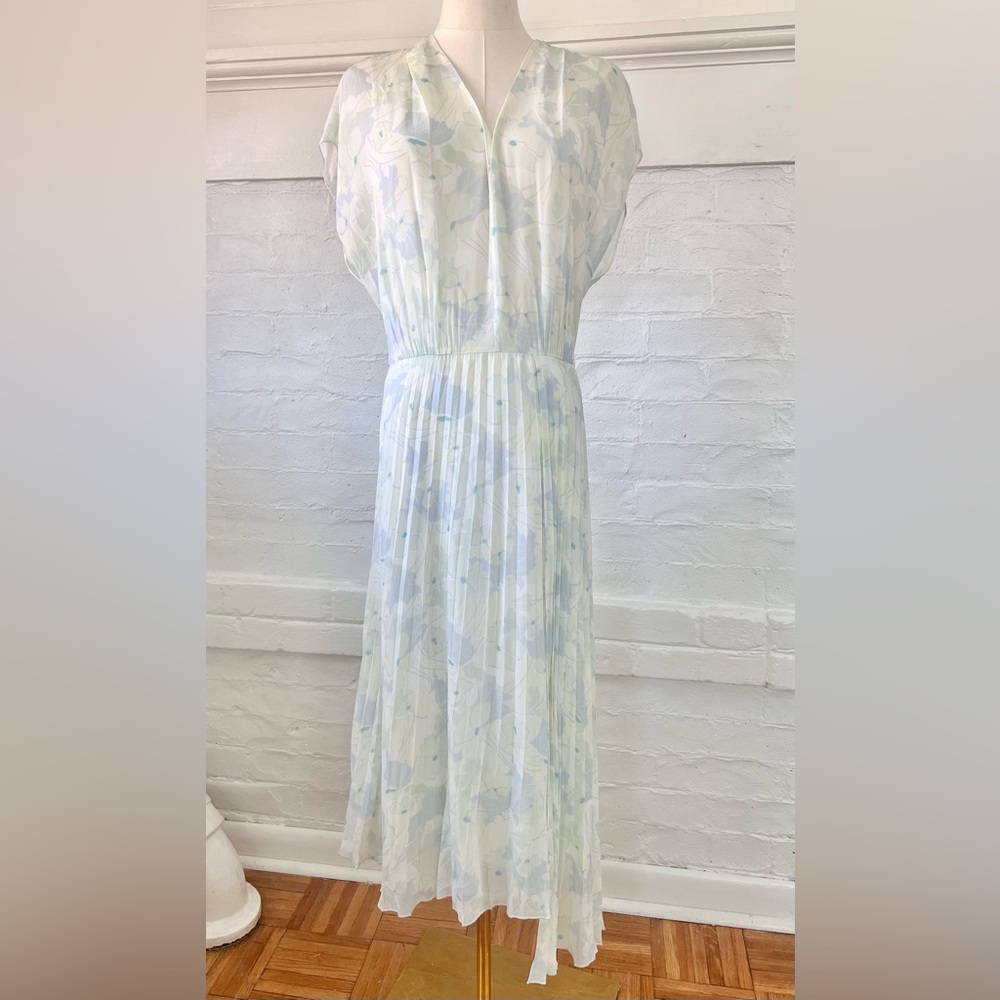 Lewit Chiffon Pastel Floral Midi Dress Pleated Skirt Cap Sleeve - Picture 3 of 17